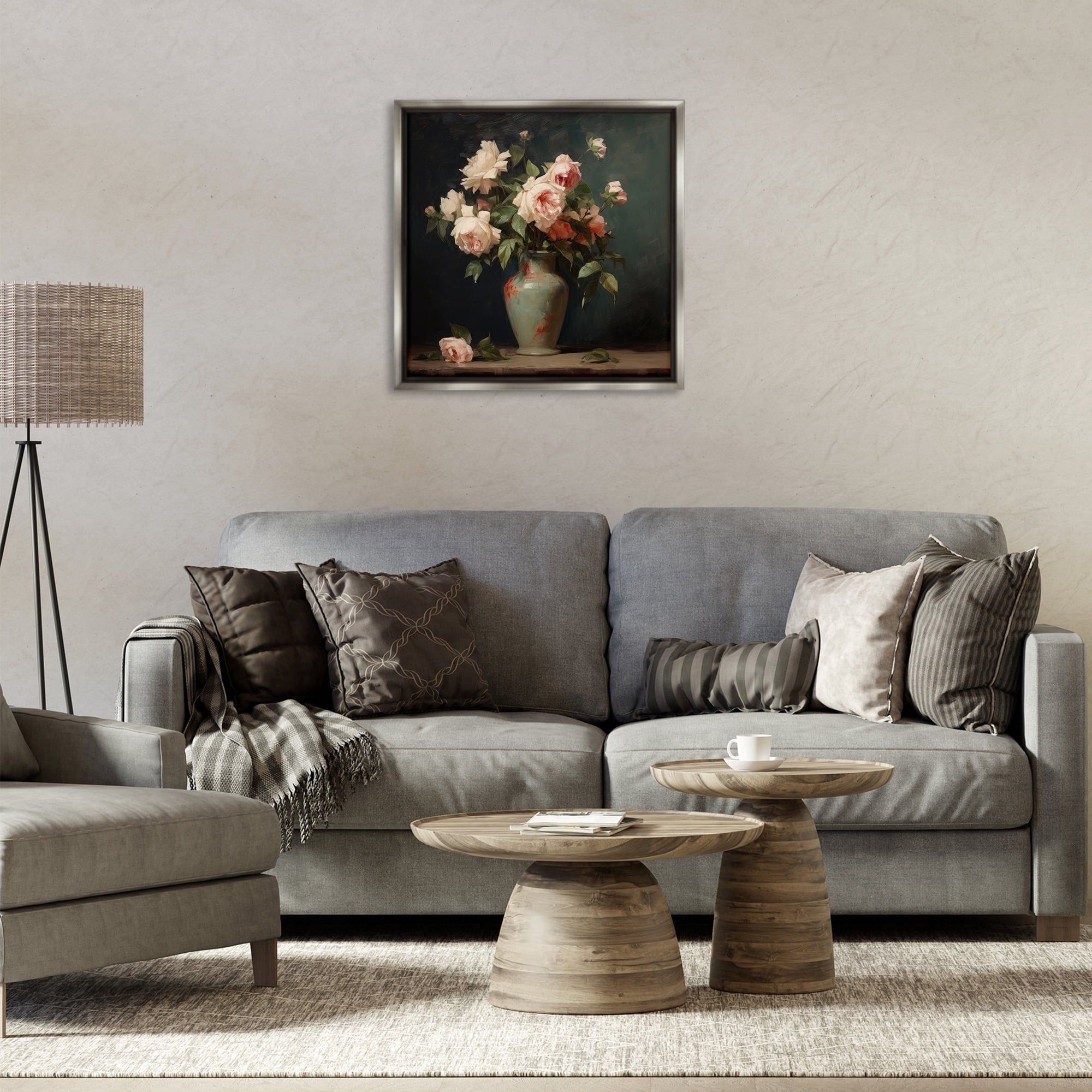 Stupell Industries Vintage Bunches in Vase Plants & Flowers Painting Gray Floater Framed Canvas Art Print Wall Art, 25 x 25