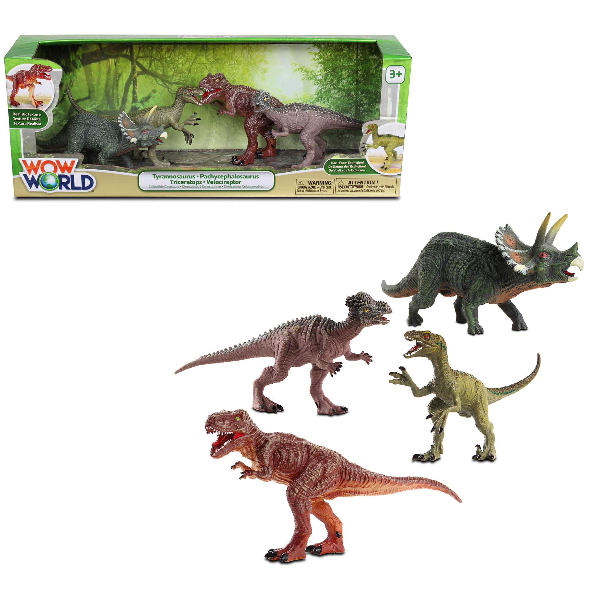 Between Set Triceratops, Velociraptor, Long Tall Pachycephalosaurus, Playset T-Rex, NKOK Includes Poseable Dinosaurs Measure Medium WowWorld: 4-Pack Dinosaurs 8”-9.5” 3.5”-5” & &