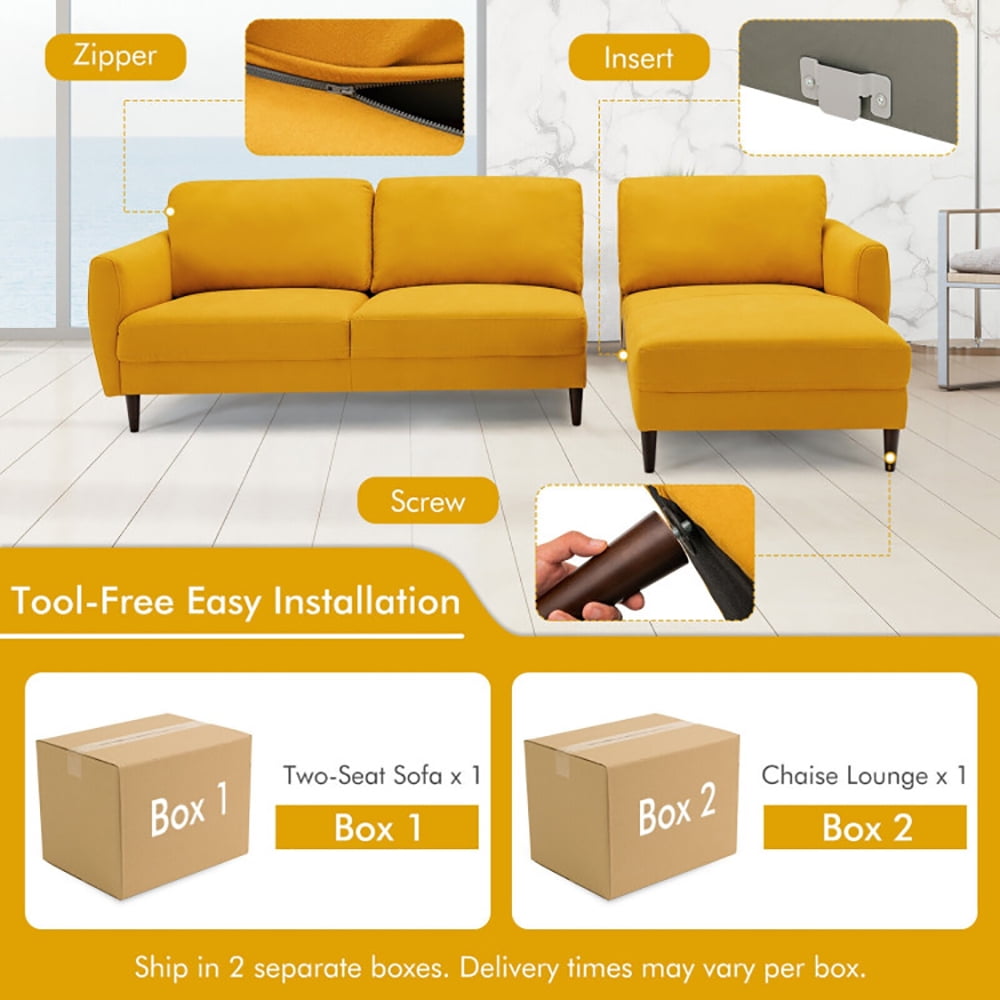 Finihen L-Shaped Sectional Sofa Couch, Sofa Bed, Convertible L-Shaped Fabric Sectional Sofa with Chaise Lounge and Solid Wood Legs, for Living Room, Yellow Finihen L-Shaped Sectional Sofa Couch, Sofa Bed, Convertible L-Shaped Fabric Sectional Sofa with Chaise Lounge and Solid Wood Legs, for Living Room, Yellow