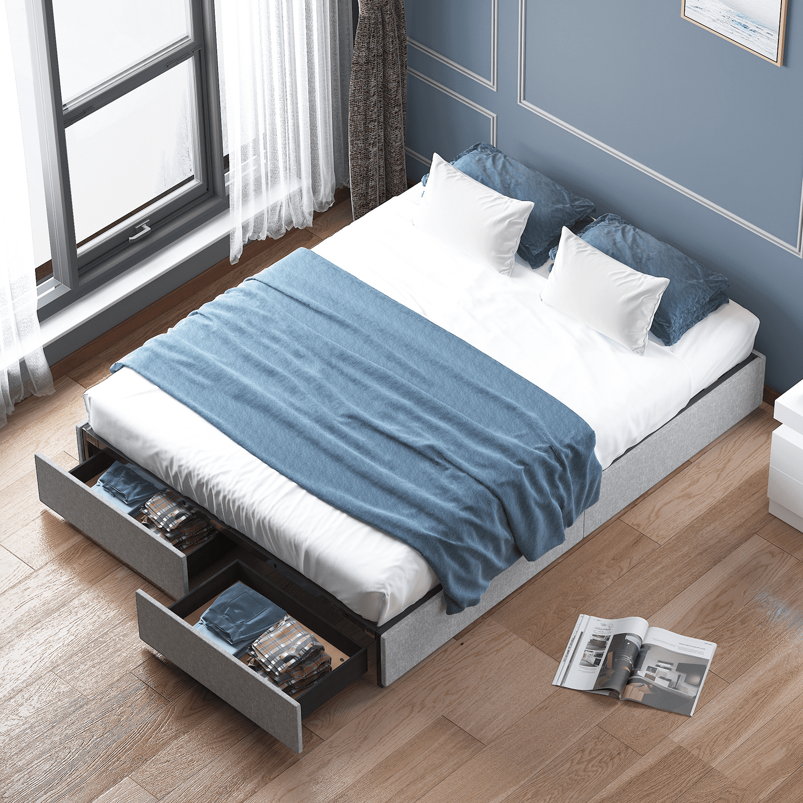 Mjkone King Bed Frame with 2 Storage Drawers, Upholstered Platform Bed