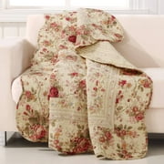 Global Trends Antique Rose Traditional Floral and Stripe 100% Cotton Throw Quilt, Reversible, 60" x 50"