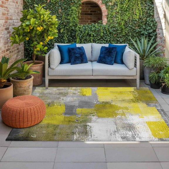 Outdoor Rug 3x5ft Yellow Gray Block Large Area Rug Modern Abstract Art Indoor Outdoor Carpet Outdoor Rugs Mats for Patio Camping,RV,Front Door, Outside Decor