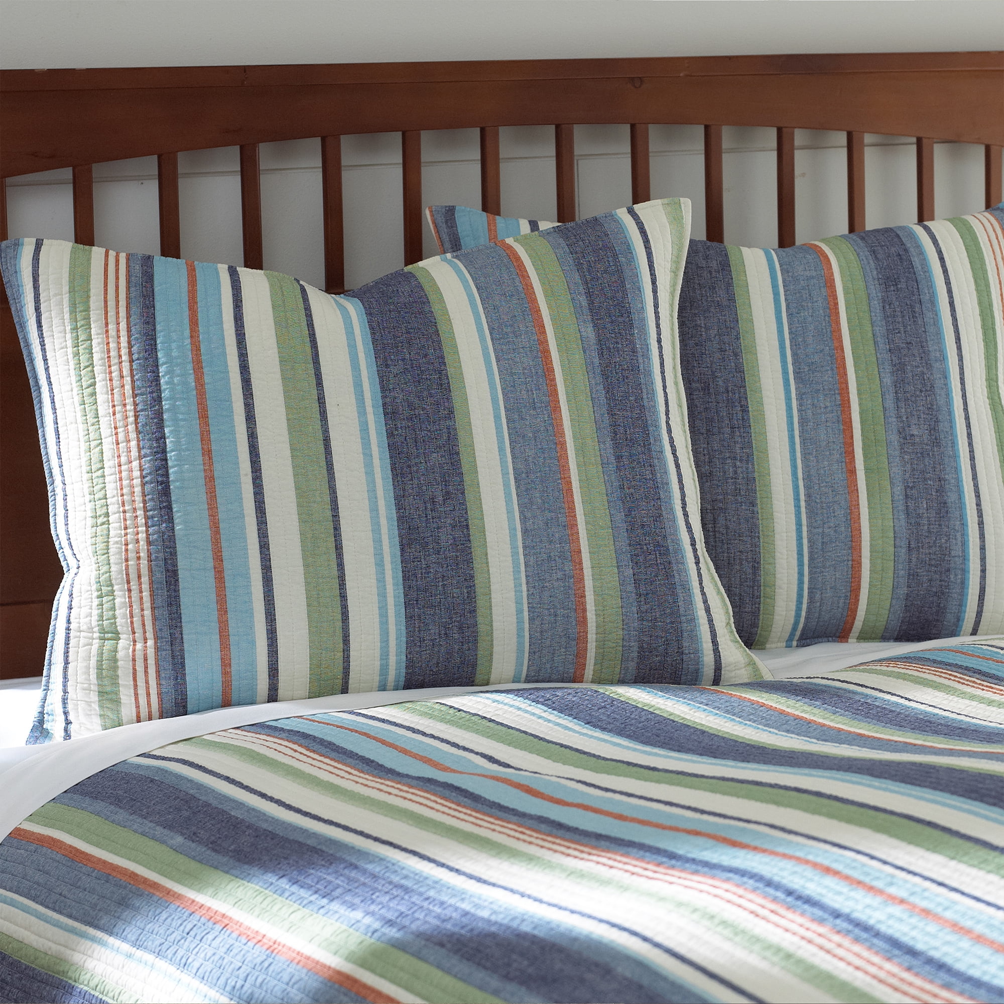 Levtex Home - MVP Quilt Set - Full/Queen Quilt and Two Standard Shams - Striped - Blue, Green, White and Orange - Quilt (86x86in.) and Shams (20x26in.) - Reversible - Cotton
