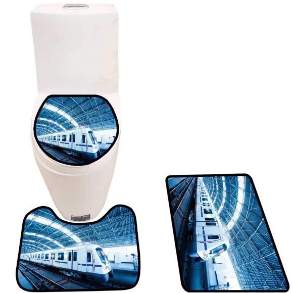 EREHome backgroun high spee Train Motion Blur Outdoor 3 Piece Bathroom Rugs Set Bath Rug Contour Mat and Toilet Lid Cover