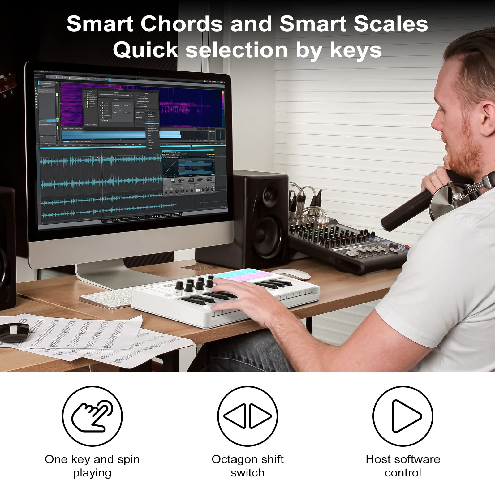 25 Key USB MIDI Keyboard Controller With 8 Backlit Drum Pads, Bluetooth Semi Weighted Professional dynamic keybed 8 Knobs and Music Production,Software Included (White)