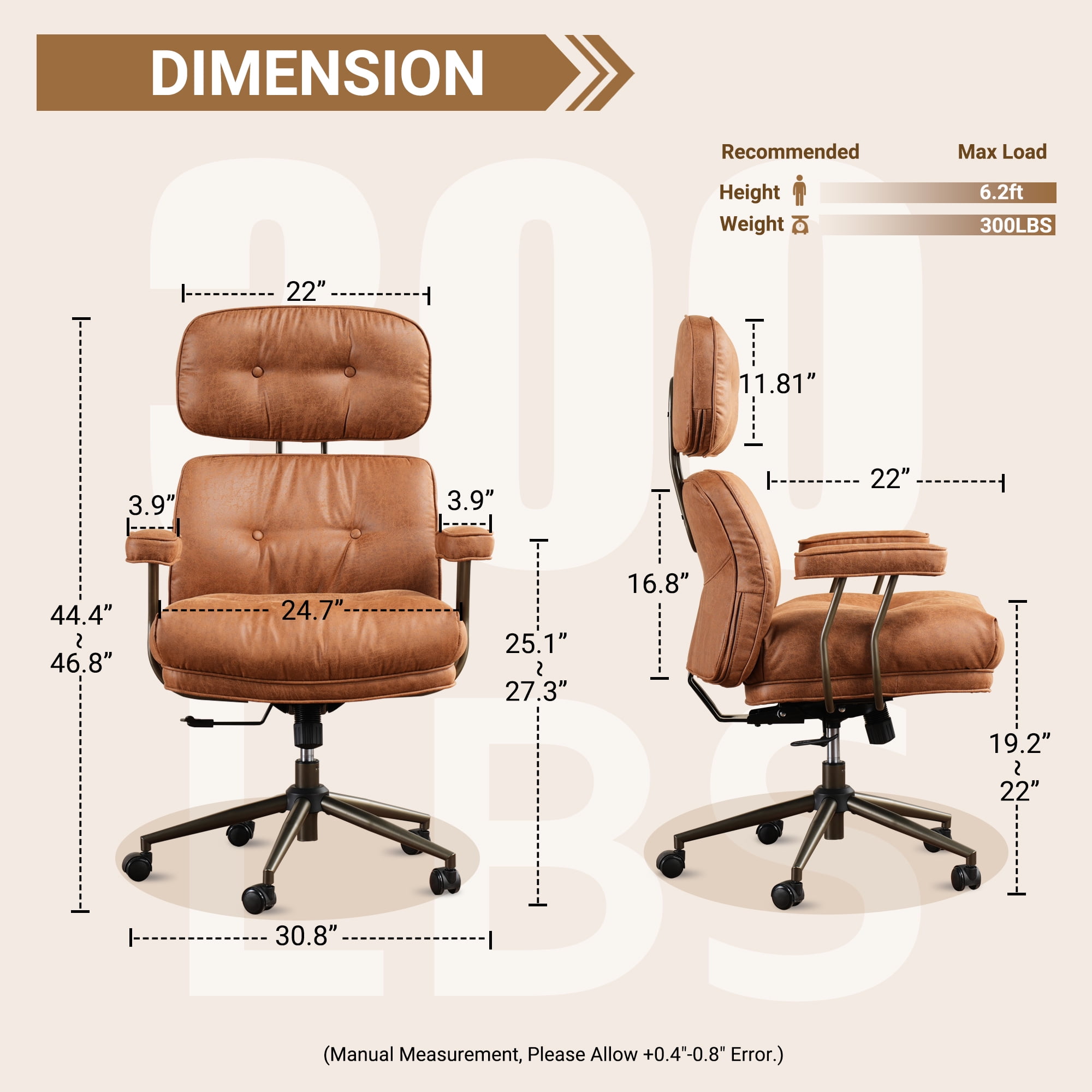 Ovios Suede Leather Office Chair High Back Ergonomic Desk Chair with Lumbar Support Mid-Century Executive Computer Chair with Wheels for Home Office, Brown