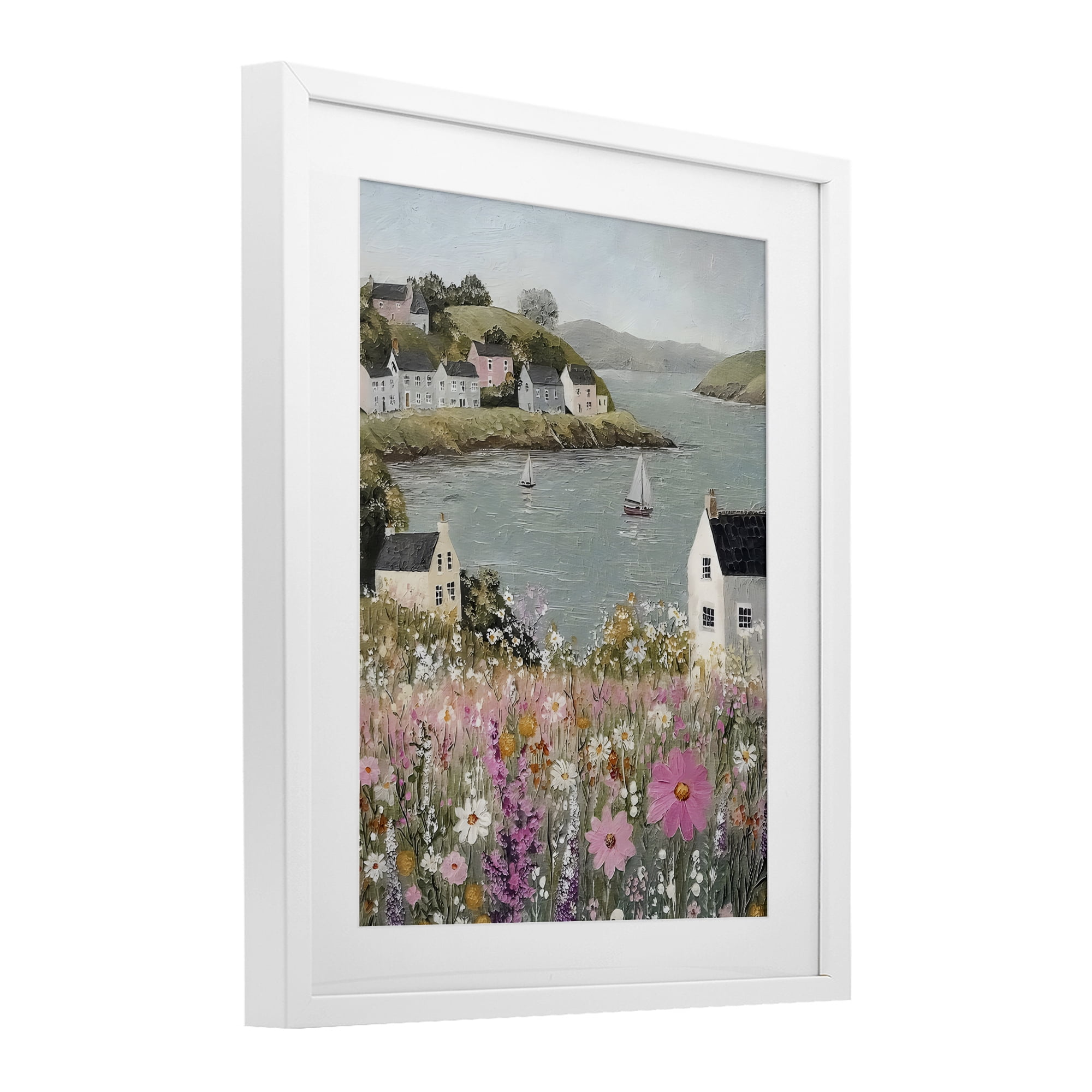 Stupell Industries Seaside Cottages & Sailboats White Framed Print Under Glass, design by Riley B