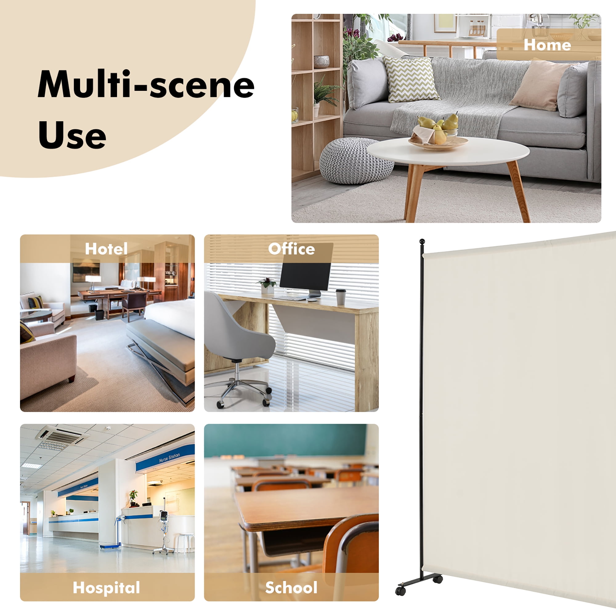 Costway 6FT Single Panel Room Divider with Wheels Rolling Fabric Partition Privacy Screen White