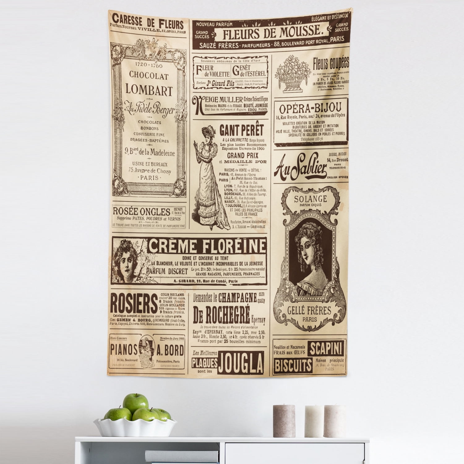 Ambesonne Vintage Tapestry, Vintage Old Historic Newspaper Journal French Paper Lettering Art Design, Fabric Wall Hanging Decor for Bedroom Living Room Dorm, 5