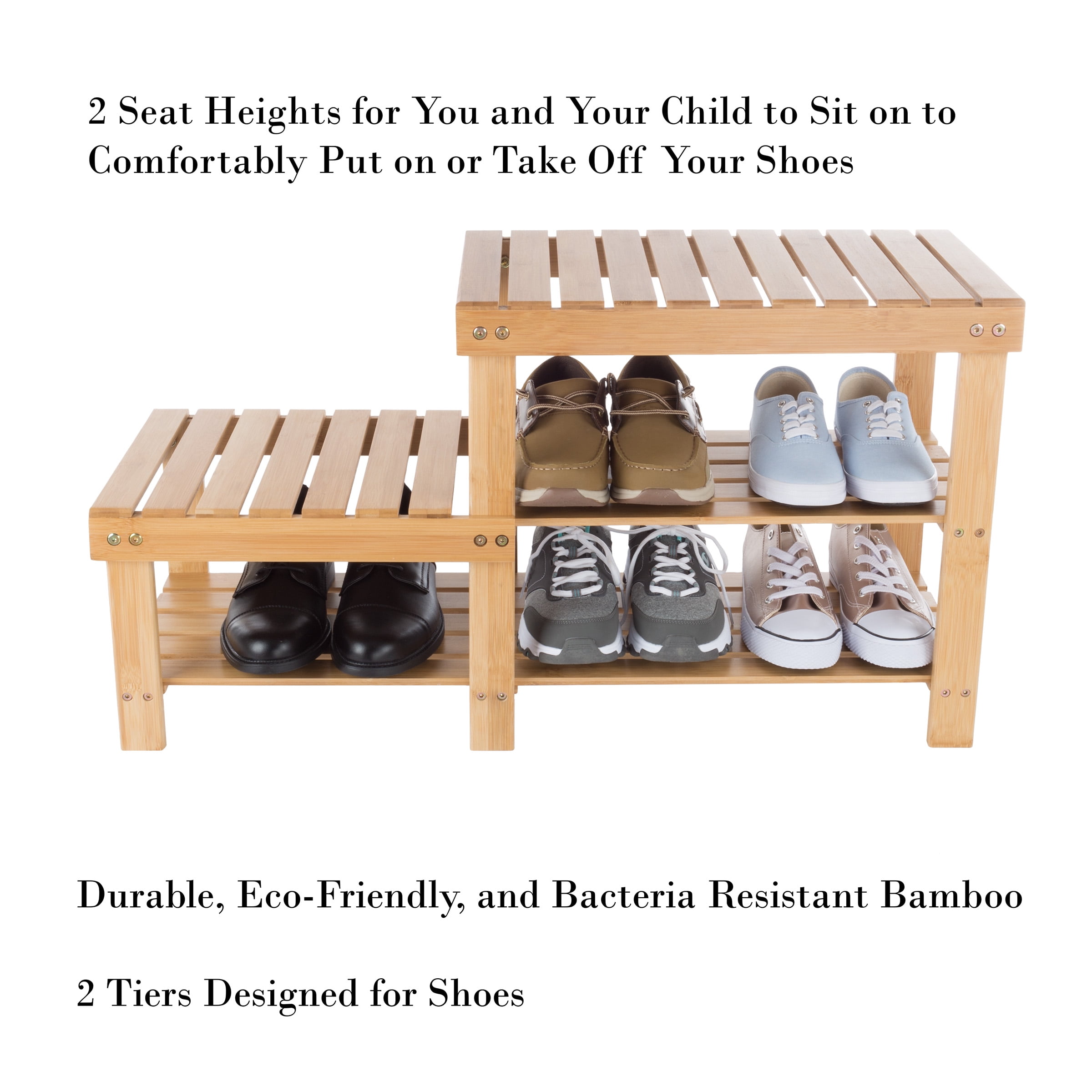 2-Tier Bamboo Shoe Storage Rack and Bench for entryway, hallway, living room, bedroom, or bathroom by Lavish Home
