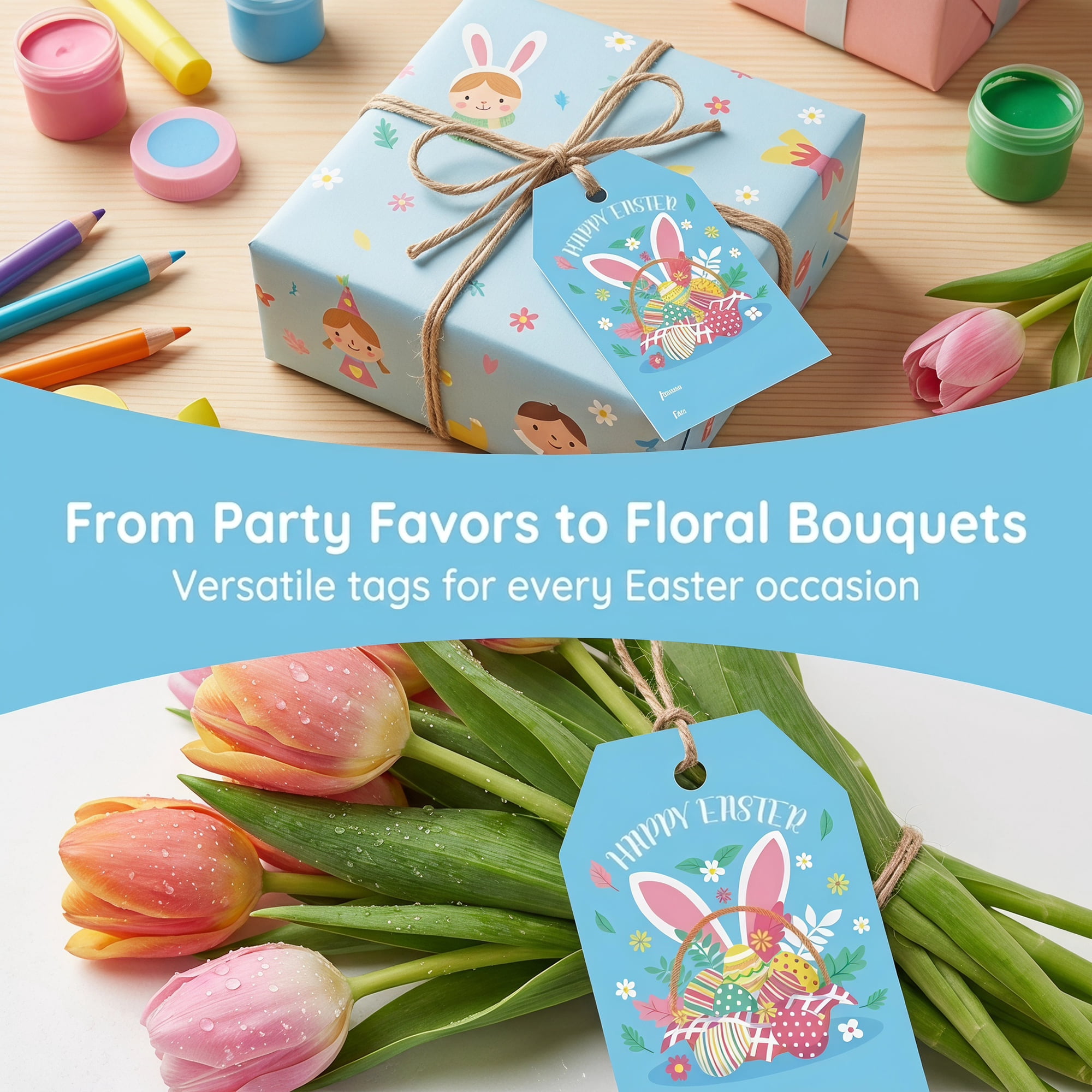 Unique Bargains 100Pcs Easter Gift Tags with Twine for Wrapping Basket Pattern 2" x 3.1"