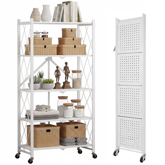 5 Tier Foldable Storage Shelves with Wheels, Large Capacity Shelving Unit, Freestanding Metal Wire Shelf Rack, No Assembly Organizer Rack for Garage Kitchen, Basement, Pantry(White)