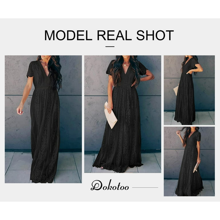 Dokotoo Women s Black V Neck Floral Lace Overlay Short Sleeve Wedding Dress Maxi Dresses US 12 14 L Walmart