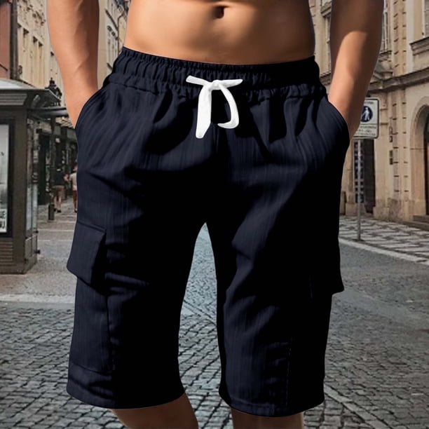WILLBEST Pantalones Cortos de Lino de Verano para Hombre, con Bolsillos Grandes, para Playa, Deportivos, de Rayas Lisas, Ligeros y Elásticos, para Verano, Holgados y Casuales.