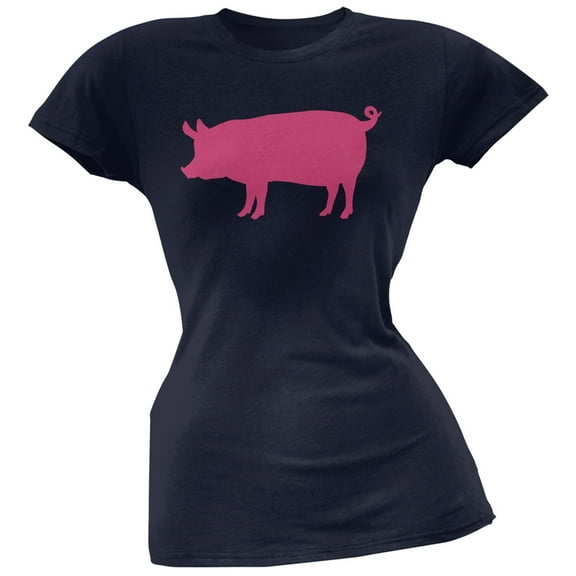 Pink Pig Silhouette Navy Soft Juniors T-Shirt - Small