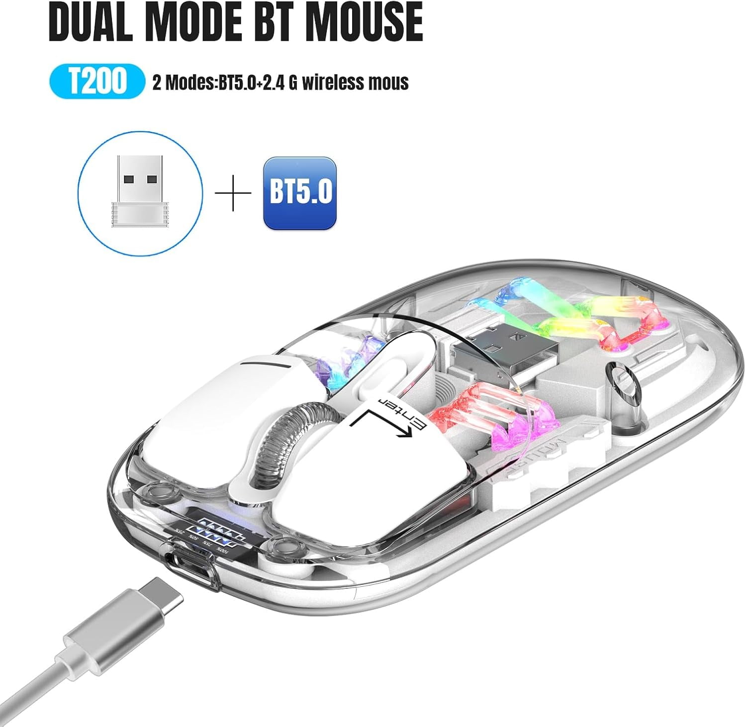 Wireless Bluetooth Gaming Mouse, Transparent Dual-Mode BT 5.0 + 2.4G RGB Mouse, Magnetic Top Cover Rechargeable Silent Mouse for PC Laptop Tablet