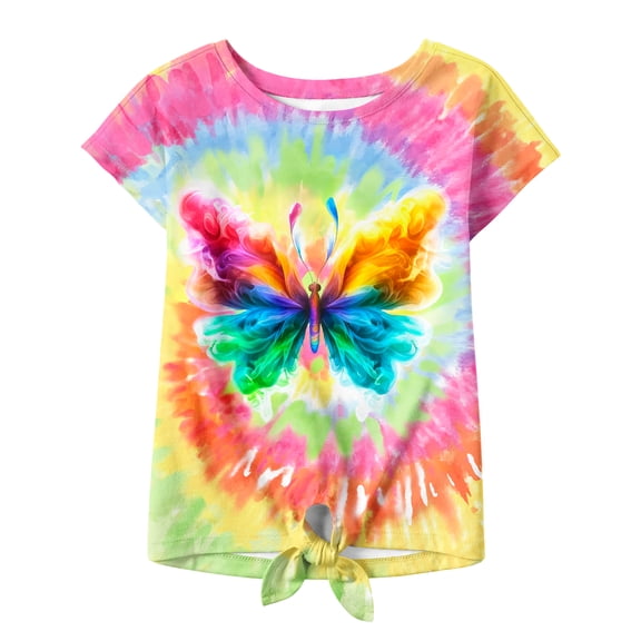 Lanbubble Girls Graphic T-Shirt Tie Dye Kids Short Sleeve Tee Shirt Tie Front Tops 7-12 Years