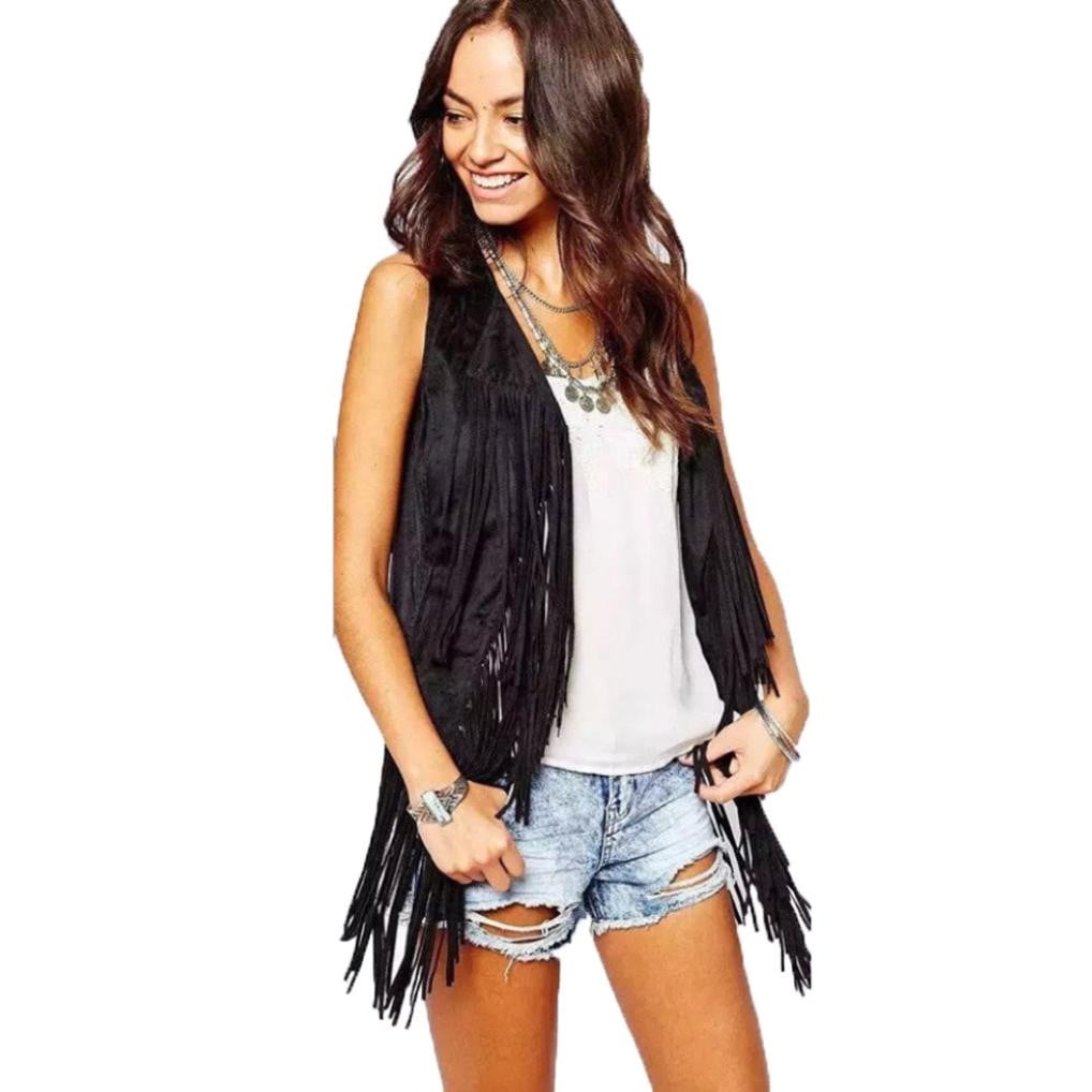 Womens Winter Cool Tassels Faux Suede Ethnic Sleeveless Fringed Vest Cardigan 
