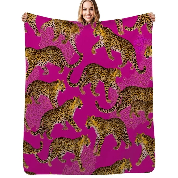 Leopards pink background vibrant print Flannel Blanket Warm Soft Bedding Throws Winter Camping Chair Sofa Bed