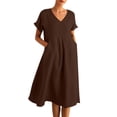 thumbnail image 2 of AUNVITO Women's V-Neck Solid Color Casual Short Dress with Long Sleeve and Pocket, 2 of 9