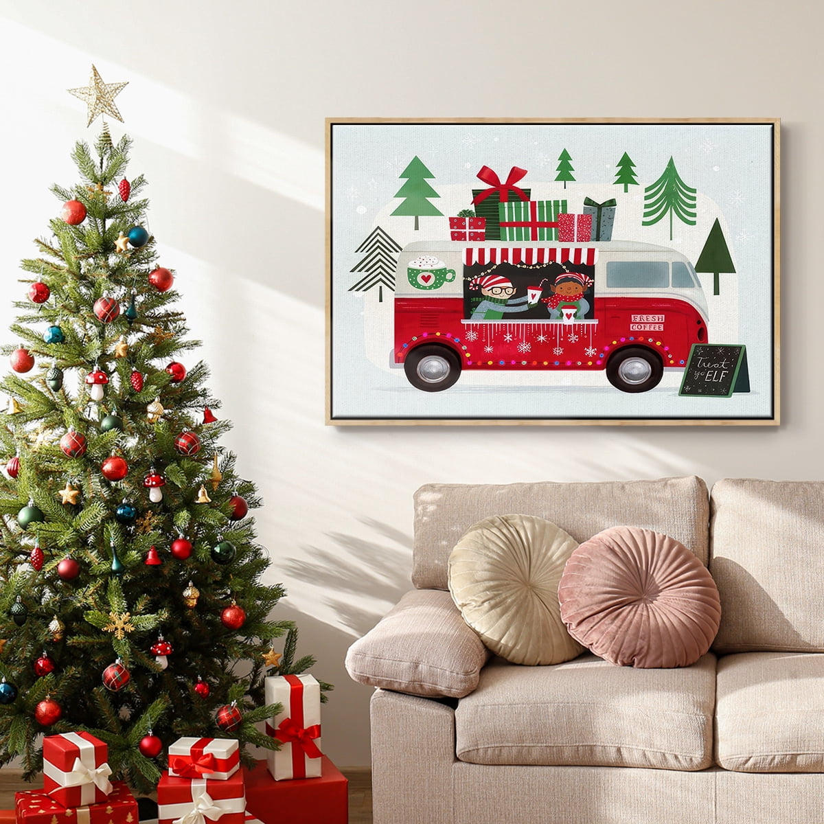 Santa's Foodtruck Collection A - Framed Gallery Wrapped Holiday Canvas - 17 x 25 - Natural Wood Frame
