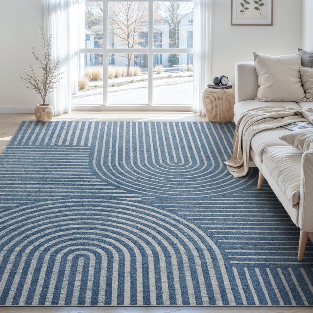 Area Rug 5x7 Machine Washable Rugs for Living Room Non Slip Soft Carpet Geometric Jacquard Textured Carpet for Bedroom Dining Nursery Office Living Room Rug -Blue
