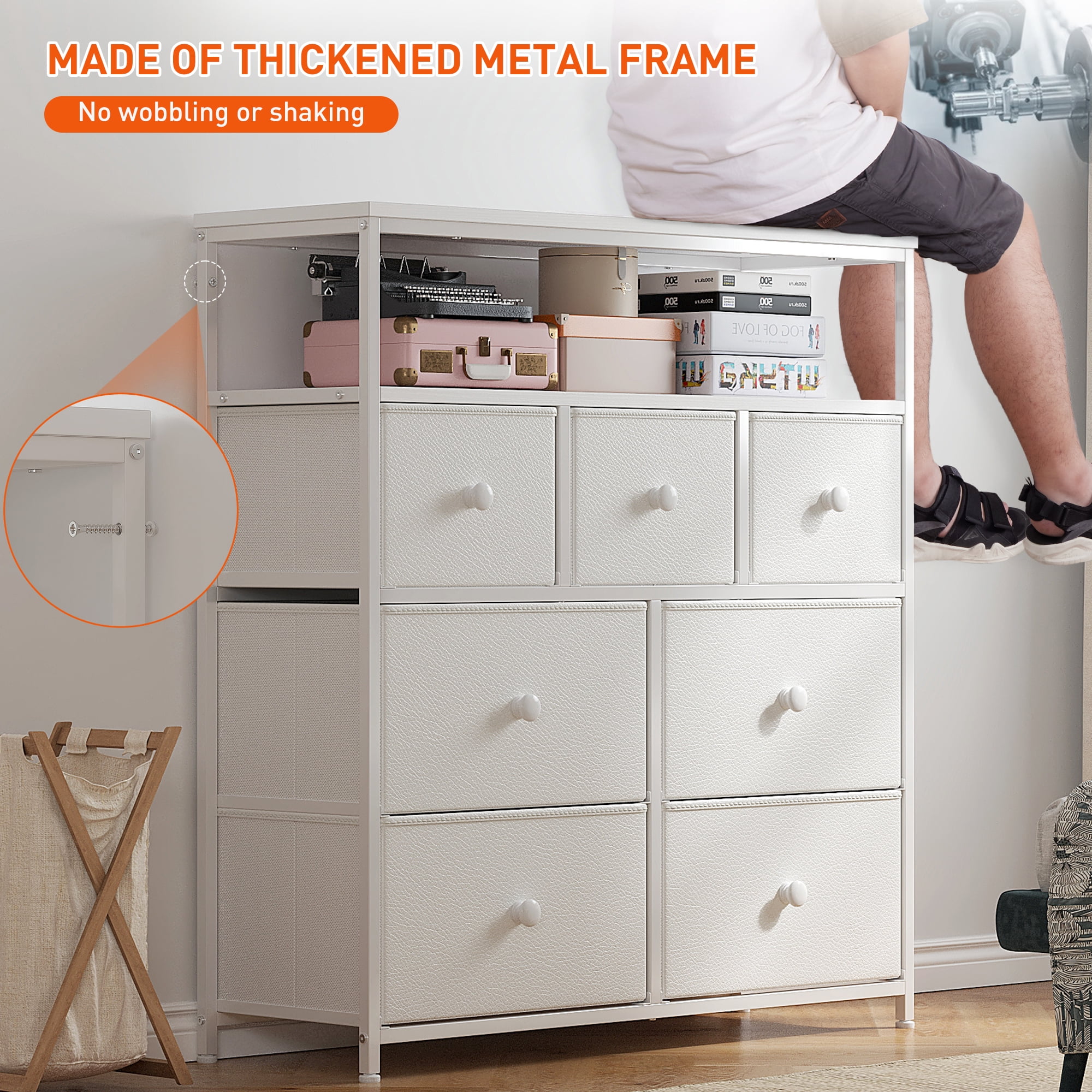 EnHomee White Dresser for Bedroom with 7 Drawers & 2 Shelves TV Stand Dresser with Wooden Top and Metal Frame Tall Dressers & Chest of Drawers for Closets Bedroom