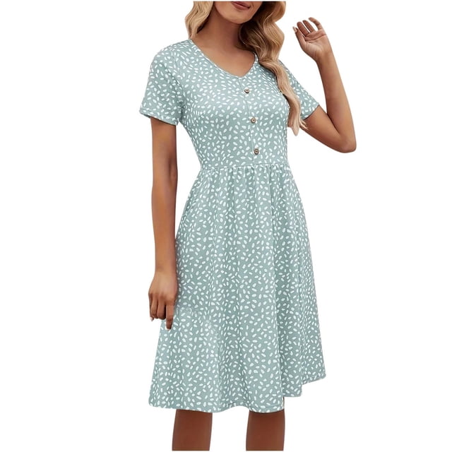 Hyknon Robes pour Femmes Mode Été Nouvelle Couleur Unie Manches Courtes Col en V Ourlet Taille Robe Décontractée Douce Fluide Ample