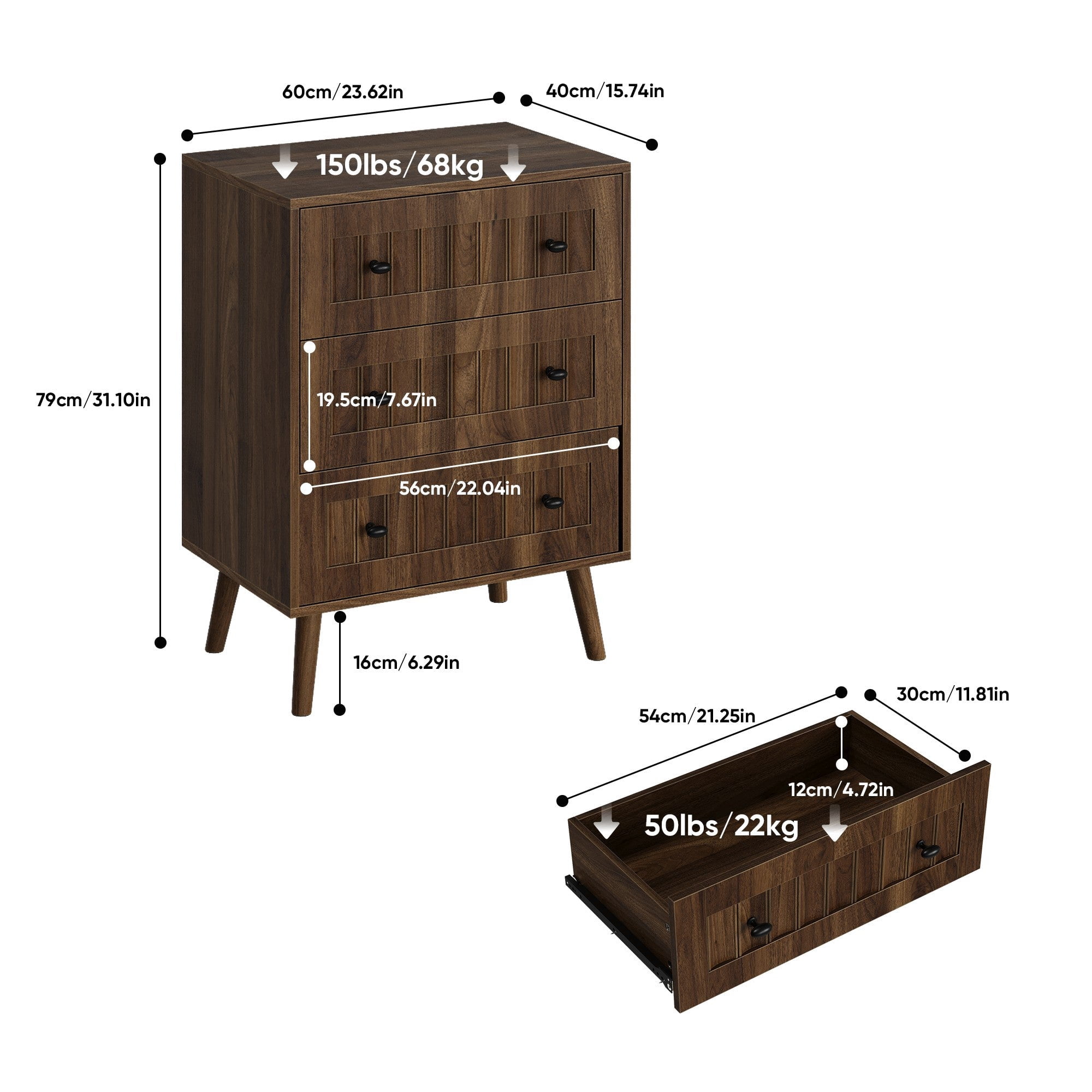 Sailvan 3 Drawer Dresser, Modern Wooden Storage Cabinet, Chest of Drawers for Living Room, Bedroom