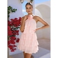 thumbnail image 6 of Women's Floral Backless Mini Halter Neck Applique Layered Ruffled Hem Dress for Party Pink L, 6 of 8