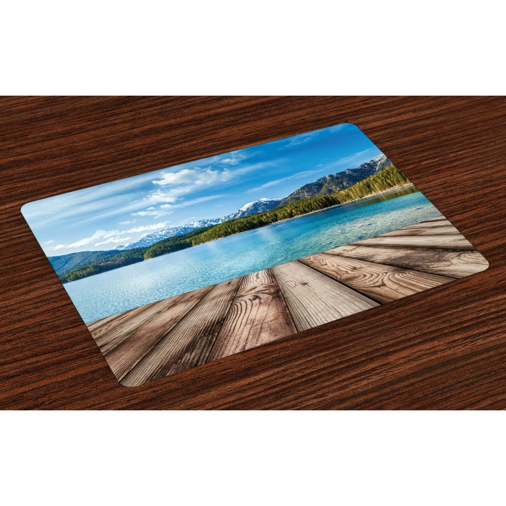 Mountain Placemats Set of 4 Snowy Mountain Tops from Old Wood Deck Pier ...