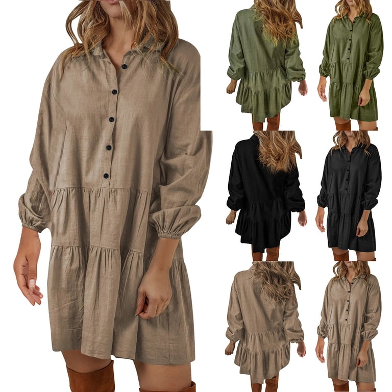 Lovskoo Women's Spring Fall Dresses Casual V Neck Button Down Long Sleeve  Solid Color Loose Flowy Shirt Dress Olive Green - Walmart.com