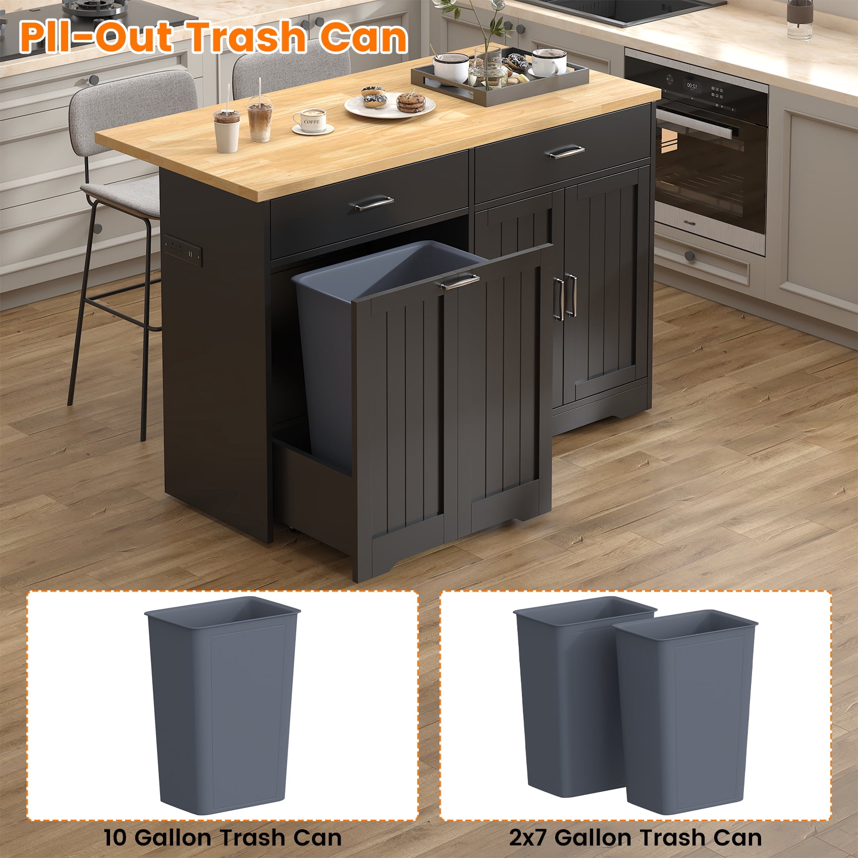 HAUXITIO Kitchen Island with Drop Leaf,Power Outlet & LED Lights,Stationary with Hidden Casters Islands Table for Kitchen,Dining Room,Black