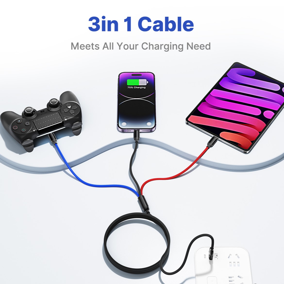 Multi Charging Cable, 3.5A Fast Multi Charger Cable 3 in 1 Multiple USB Cable Nylon Braided, Universal Charging Cord with USB Micro Type C Lightning Port for Cell Phones/iPhone/Samsung (1-Pack) - image 3 of 10