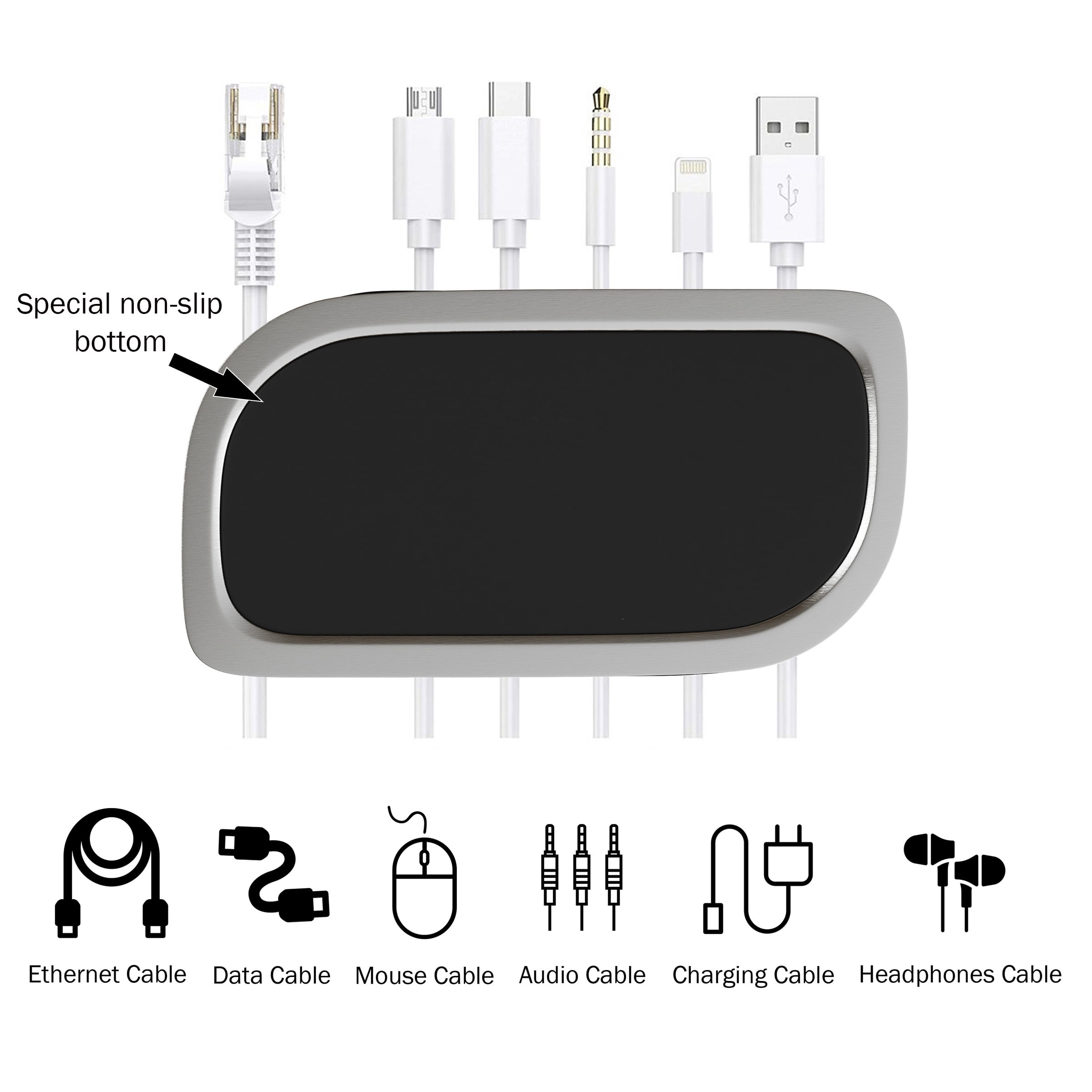 Silicone  Stainless Steel Simple Cord Cable Management Desk Organizer with 7 Slots for Cords (Black)