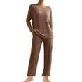 thumbnail image 2 of Lovskoo Pajamas for Women Set Ribbed Knit 2 Piece Matching Lounge Sets Long Sleeve Pullover Top and Pants Sleepwear Tracksuit Brown M, 2 of 9