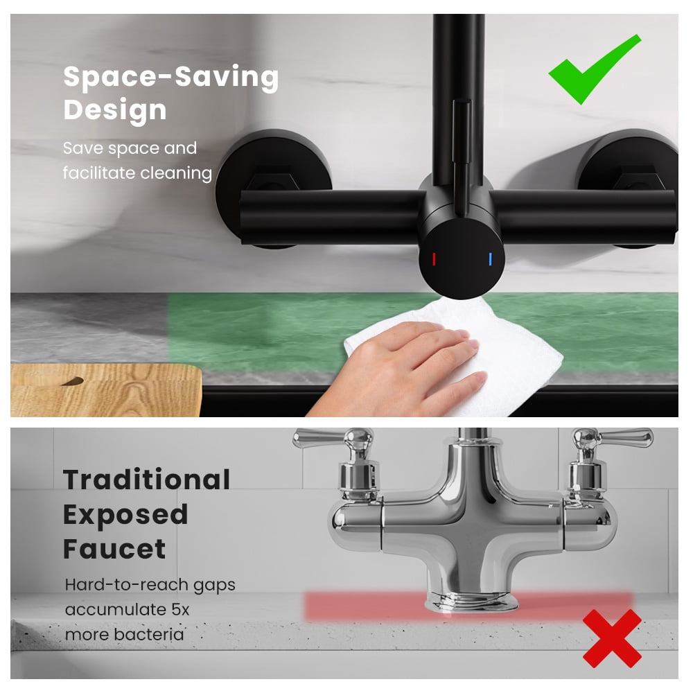 Wall Mount Kitchen Faucet Single Handles, 8 Inch Center Wall Commercial Utility Sink Faucet with Pull Out Sprayer 2 Modes, Stainless Steel, Matte Black