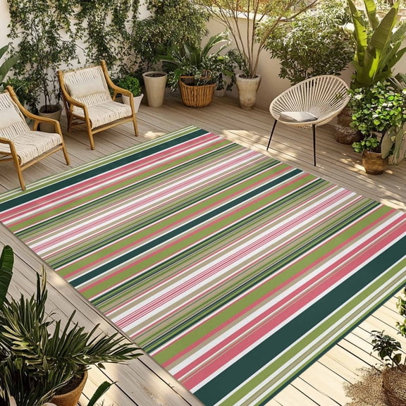 Colorful Striped Outdoor Rug for Patio/Deck/Porch, Non-Slip Large Area Rug 4 x 6 Ft, Sage Green Pink White Vertical Lines Indoor Outdoor Rugs Washable Area Rugs, Reversible Camping Rug Carpet Runner
