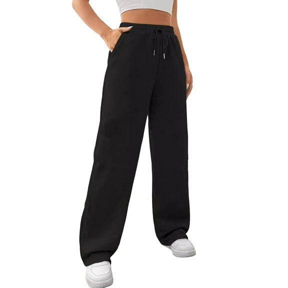 Females Sweatpants Fall Baggy Wide Leg Sweatpant Fleece Lined Straight Leg Sweat Pants Black S