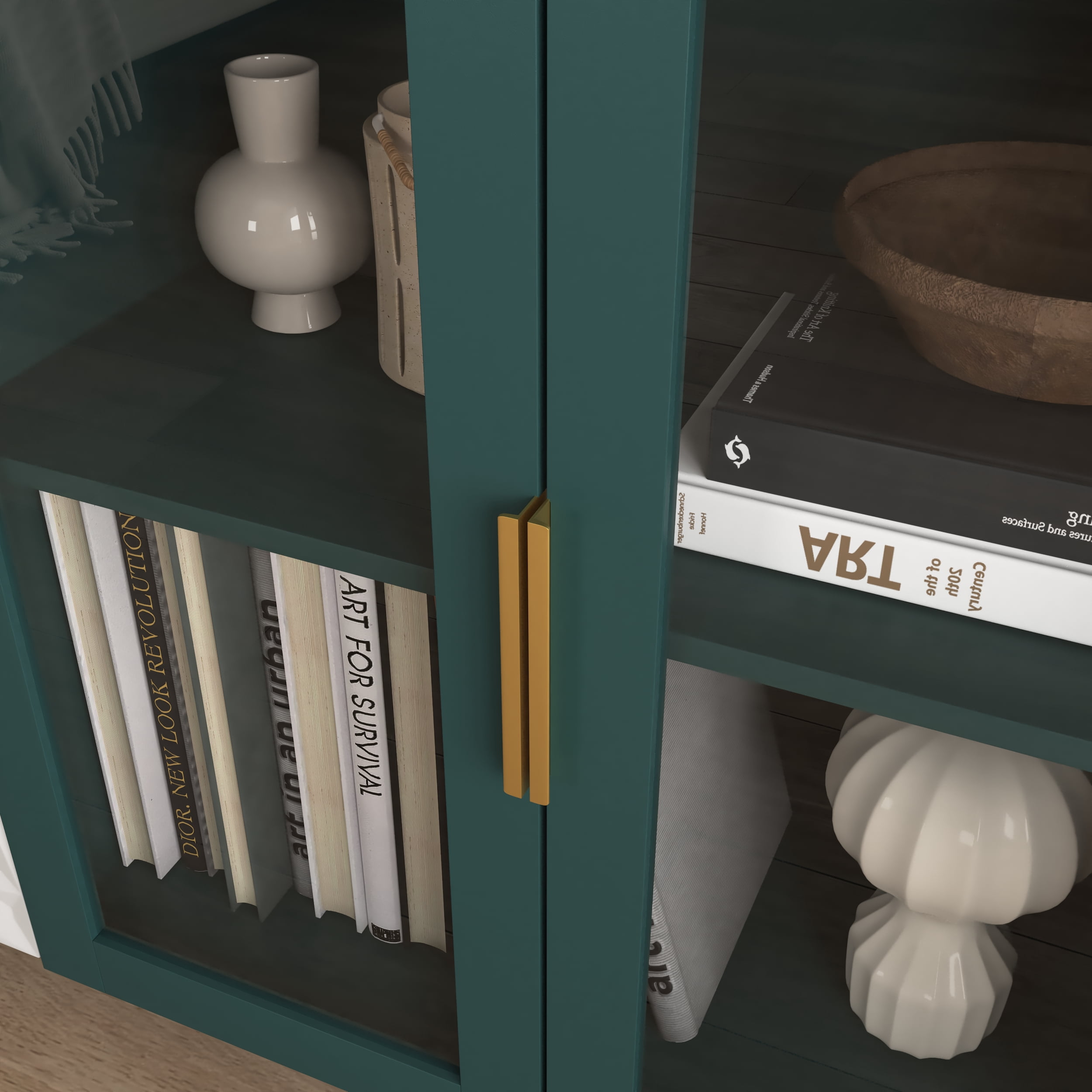 MAYEERTY Green Kitchen Pantry Storage Cabinet, 55" Coffee Bar Cabinet with Glass Doors & Drawers