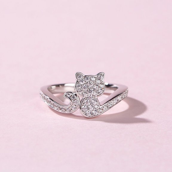 Eclet Jewels Round Cut 1 Ct VVS1/D Lab Created Simulated Diamond Ring - 14K White Gold Over Ring - Cat Dainty Animal Sterling Silver Rings For Best Friend - Causal Daily Wear Rings For Women's