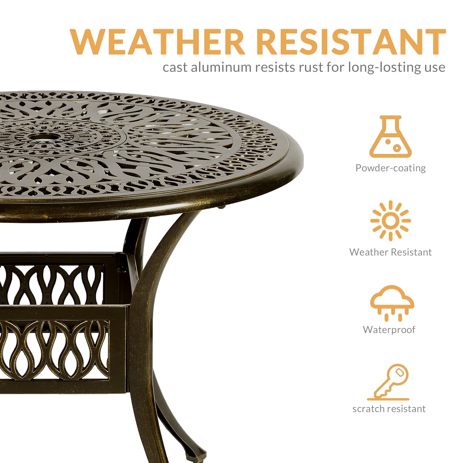 W WARMHOL 5-Piece Outdoor Patio Dining Set, All-Weather Cast Aluminum Patio Furniture Set for Backyard Garden Deck with 4 Chairs and 35.4” Round Table, 2.2" Umbrella Hole