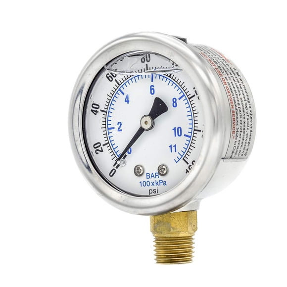 PIC Gauges 201L-204F Bottom Mount Glycerine Filled Pressure Gauge w/ SS Case, Brass Internals, SS Bezel, PC Lens, 2" Dial, 0/160 psi Range, 1/4" Male NPT