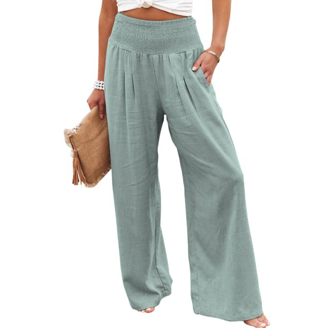Txlixc Pantalones Largos Sueltos de Verano para Mujer, Pantalones de Pierna Ancha de Playa Fruncidos de Cintura Alta de Color Sólido Estilo Ocio con Bolsillo para Mujer Txlixc Estilo de ocio