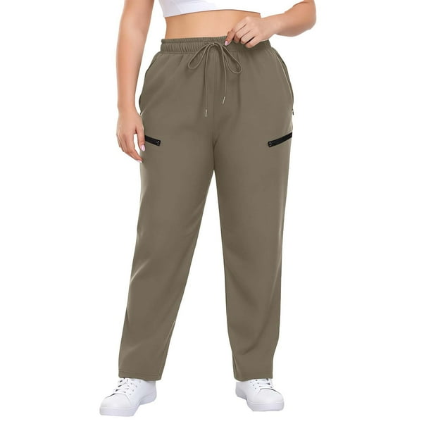 Amzcrzy Pantalones deportivos clásicos mujer plus size (L-5XL) - cintura elástica alta, cordón, bolsillos, pierna recta cómoda Marrón