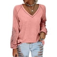 thumbnail image 2 of Mujer Top Cuello En V Linterna Manga Larga Encaje Moda Transpirable Casual Fit Blusa Rosa S, 2 of 5