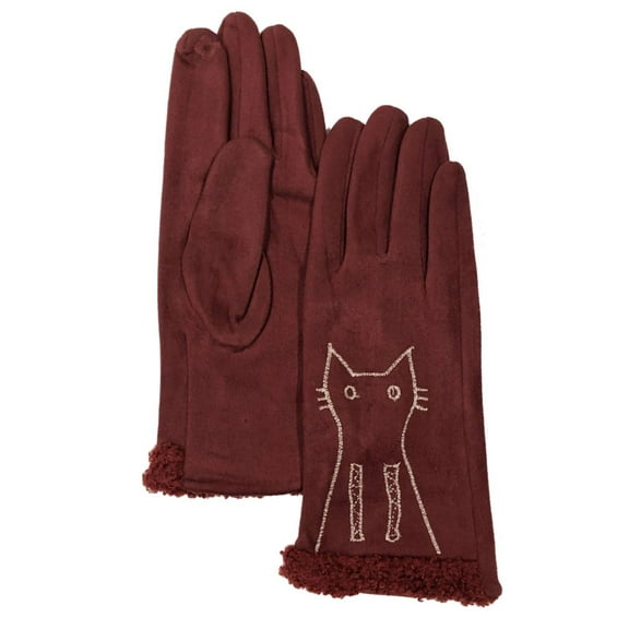 Womens Burgundy Red Kitty Cat Stretch Fit Texting & Tech Touchscreen Gloves