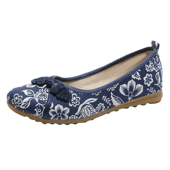 ZTTD Floral Print Button Decor Ballet Flats for Women Slip On Shallow Mouth Simple Single Shoes Casual Shoes Work Shoes Blue