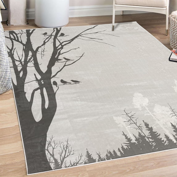 Forest Decorative Rug, Nature Theme the Panorama of a Forest Pattern Birds on Tree Branches Print, Quality Carpet for Bedroom Dorm and Living Room, 6 Sizes, Dust Dimgray, by Ambesonne