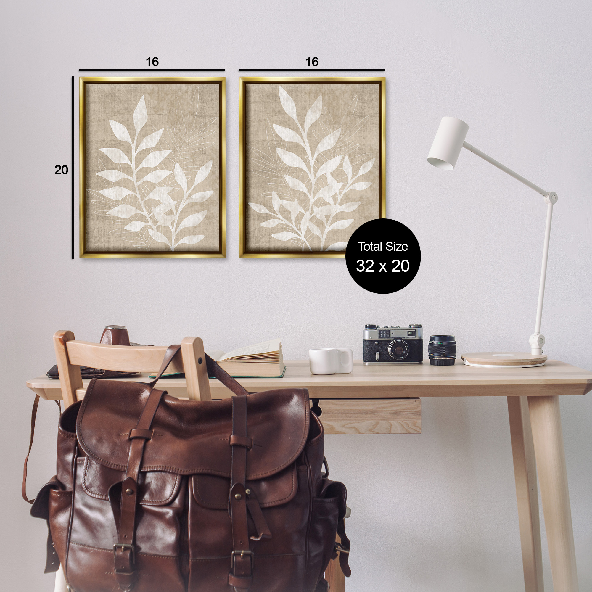 Stupell Industries Boho Botanical Leaf Silhouette Botanical & Floral Painting Gold Floater Framed Canvas Art Print Wall Art, 17 x 21, Set of 2